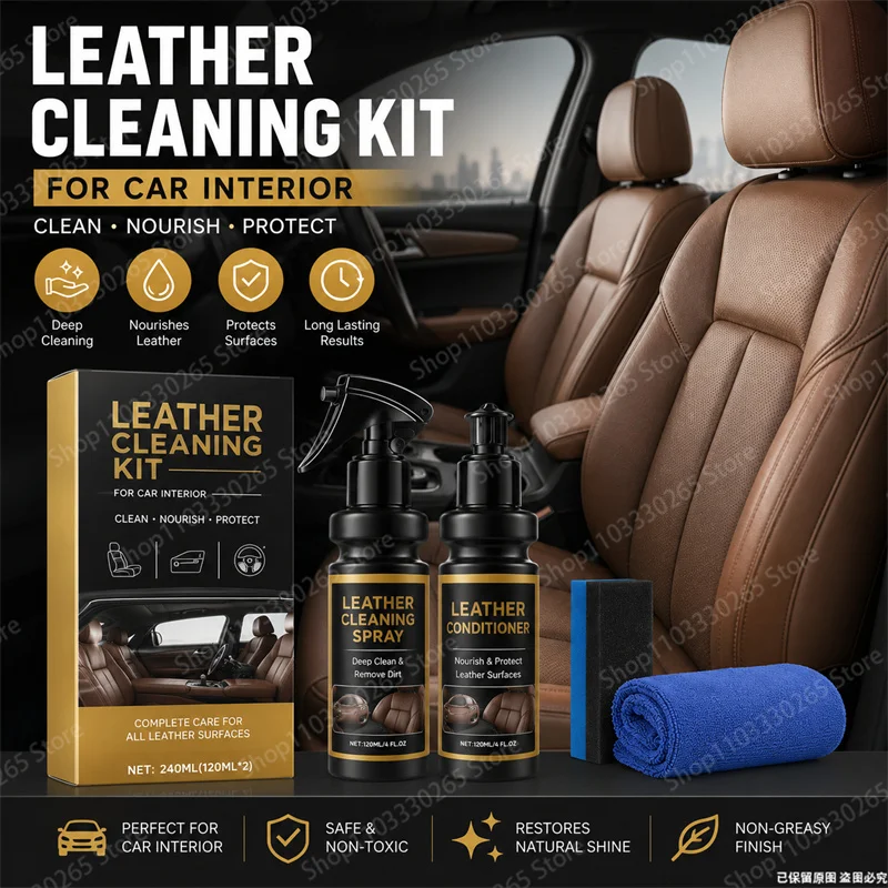 Leather Cleaner Interior - プレミアムレザークリーニングキット 車内ディープクリーニング用 栄養補給 保護 再生 光沢仕上げ